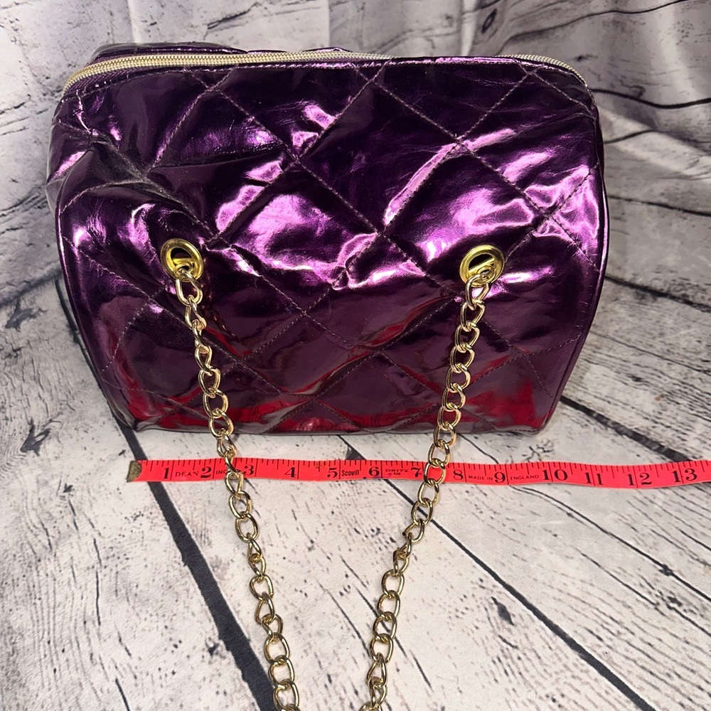 Justin Bieber Bag Quilted Satchel Gold Chain Large Handbag Make Up Shiny Purple - Picture 3 of 7